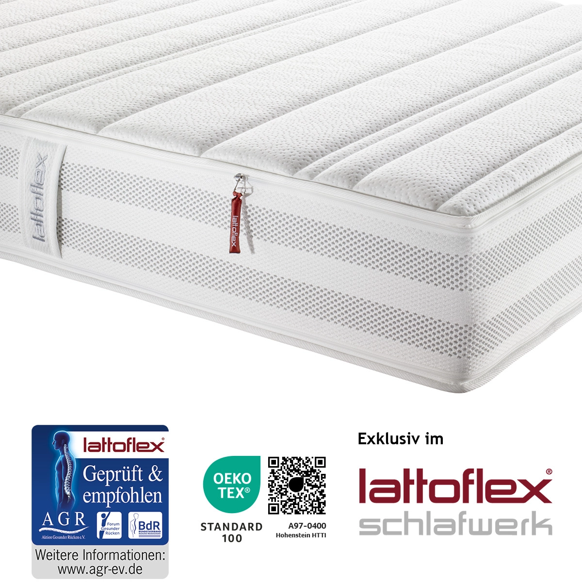 Matratzenecke der 16 cm hohen Matratze mit dem Bezug MV exklusiv im Lattoflex Schlafwerk Matratzenecke der 16 cm hohen Matratze mit dem Bezug MV exklusiv im Lattoflex Schlafwerk erhältlich. Mit AGR ev Guetesiegel und Oekotex Guetesiegel.