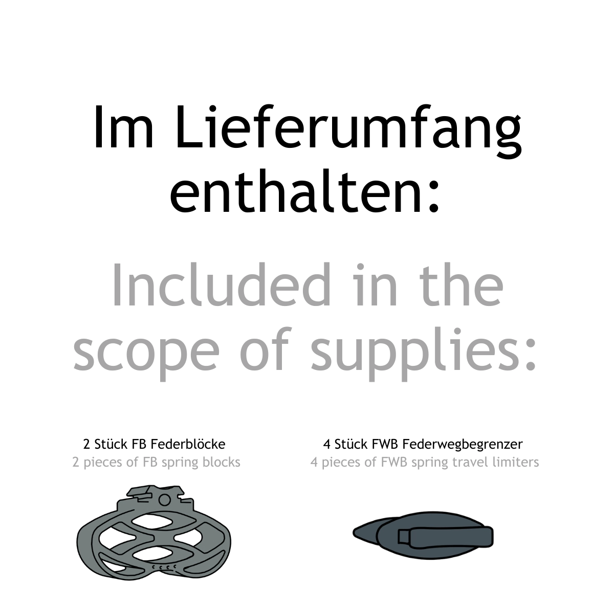Textinformation: Im Lieferumfang enthalten: 2 Federblöcke und 4 Federwegbegrenzer. Textinformation zweisprachig: Im Lieferumfang enthalten: 2 Federblöcke und 4 Federwegbegrenzer. Included: 2 spring blocks and 4 spring travel limiters..