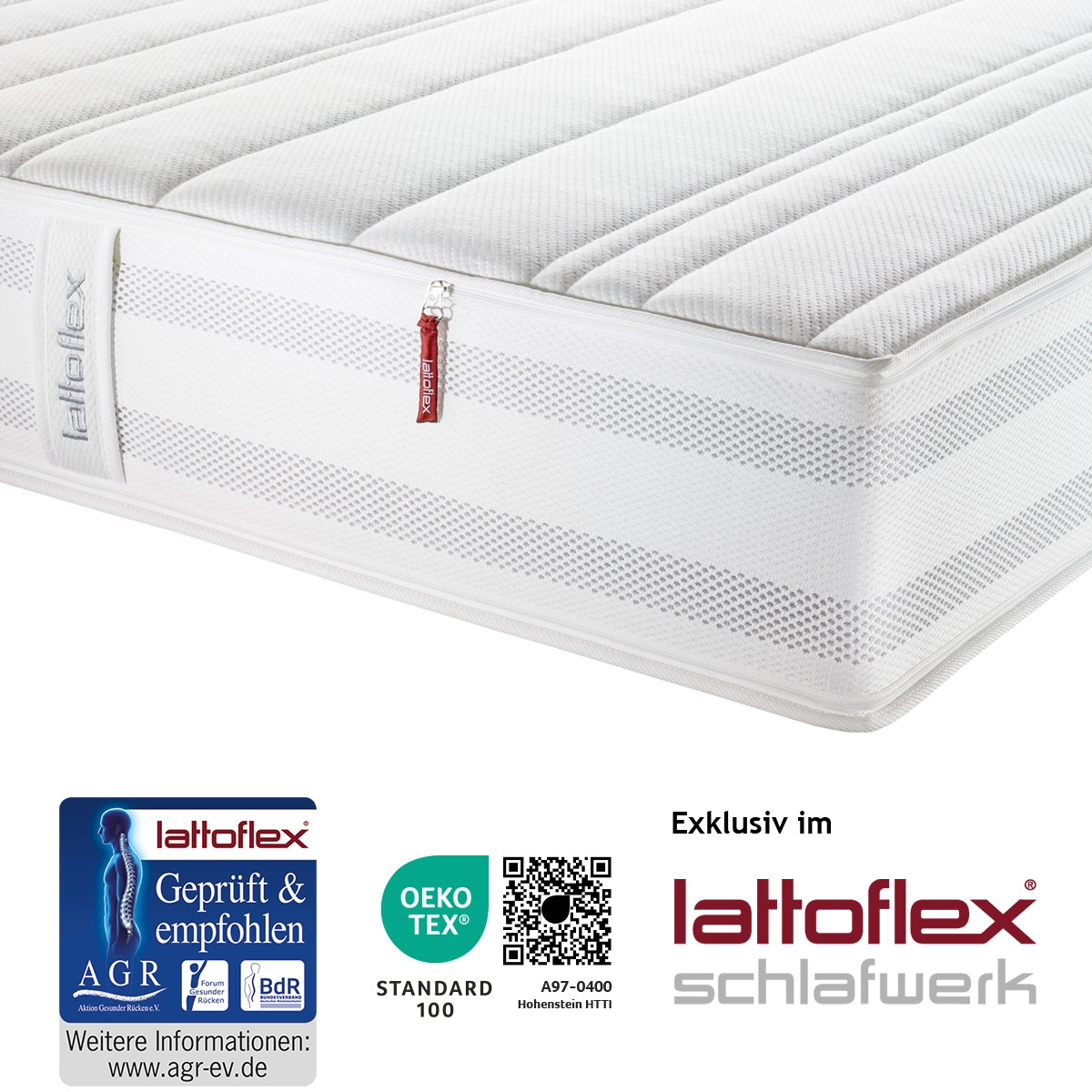 Matratzenecke der 19 cm hohen Matratze mit dem Bezug PV exklusiv im Lattoflex Schlafwerk erhältlich. Mit AGR ev Guetesiegel und Oekotex Guetesiegel.