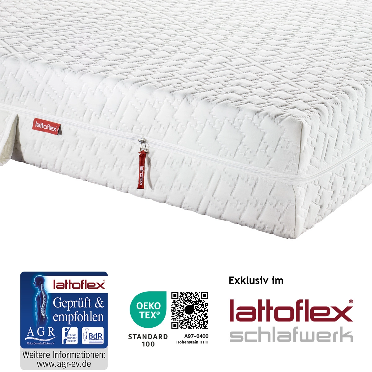 Matratzenecke der 19 cm hohen Matratze mit dem Bezug E exklusiv im Lattoflex Schlafwerk erhältlich. Mit AGR ev Guetesiegel und Oekotex Guetesiegel.