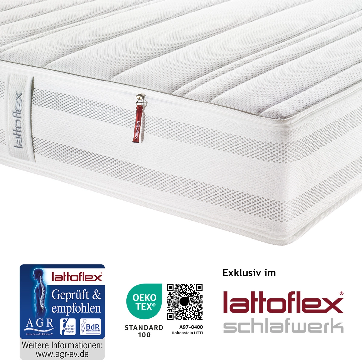 Matratzenecke der 19 cm hohen Matratze mit dem Bezug AV exklusiv im Lattoflex Schlafwerk erhältlich. Mit AGR ev Guetesiegel und Oekotex Guetesiegel.