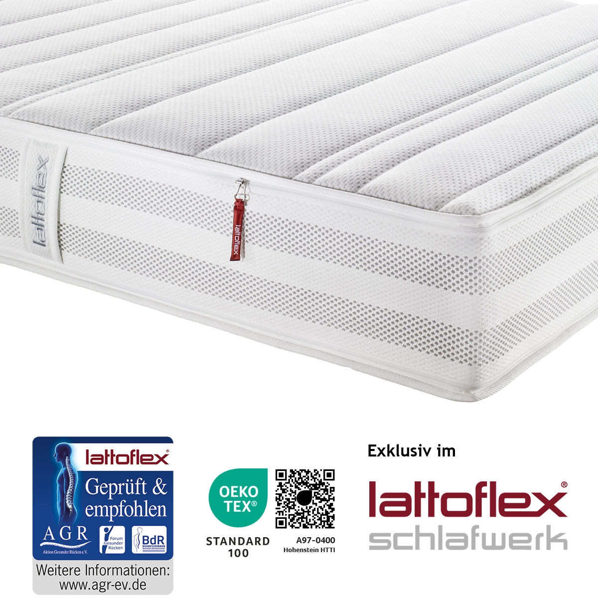Matratzenecke der 16 cm hohen Matratze mit dem Bezug AV exklusiv im Lattoflex Schlafwerk erhältlich. Mit AGR ev Guetesiegel und Oekotex Guetesiegel.